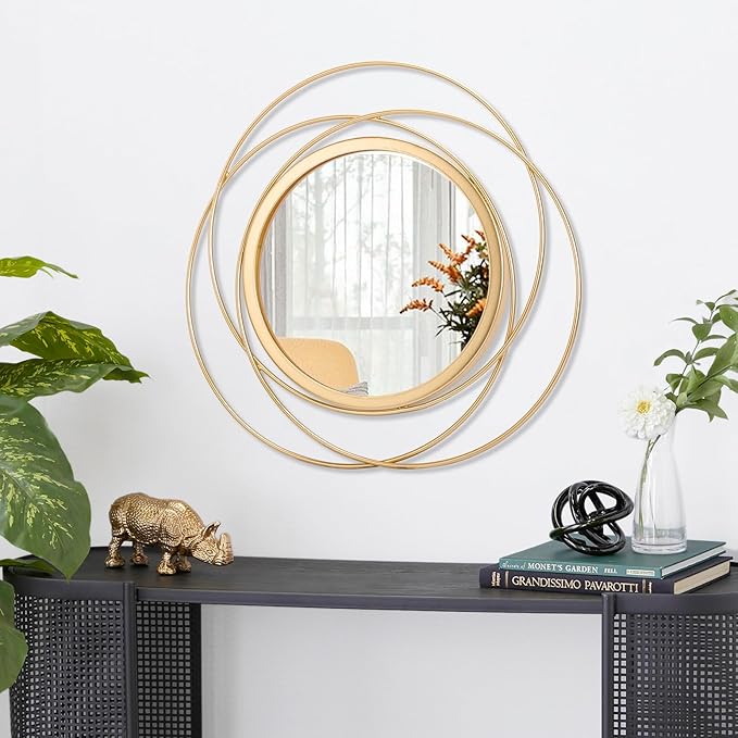 Gold Art Large Round Mirror with Iron Metal Wire Frame Wall-Mounted Mirror for Home Decor Living Room Bedroom Bathroom Entryway 16