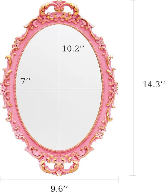 2PACK - Vintage Decorative Pink Framed Mirror, Wall Hanging Mirrors & Tabletop Tray for Bedroom Living Room Dresser Decor, Oval- 9.6" W x 14.3" L (PINK-2PACK)