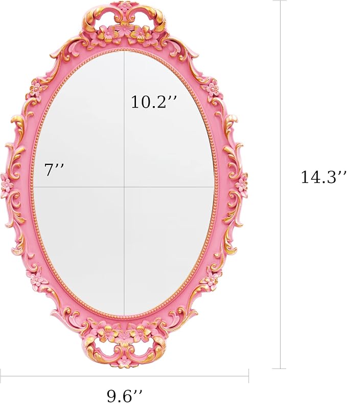 2PACK - Vintage Decorative Pink Framed Mirror, Wall Hanging Mirrors & Tabletop Tray for Bedroom Living Room Dresser Decor, Oval- 9.6