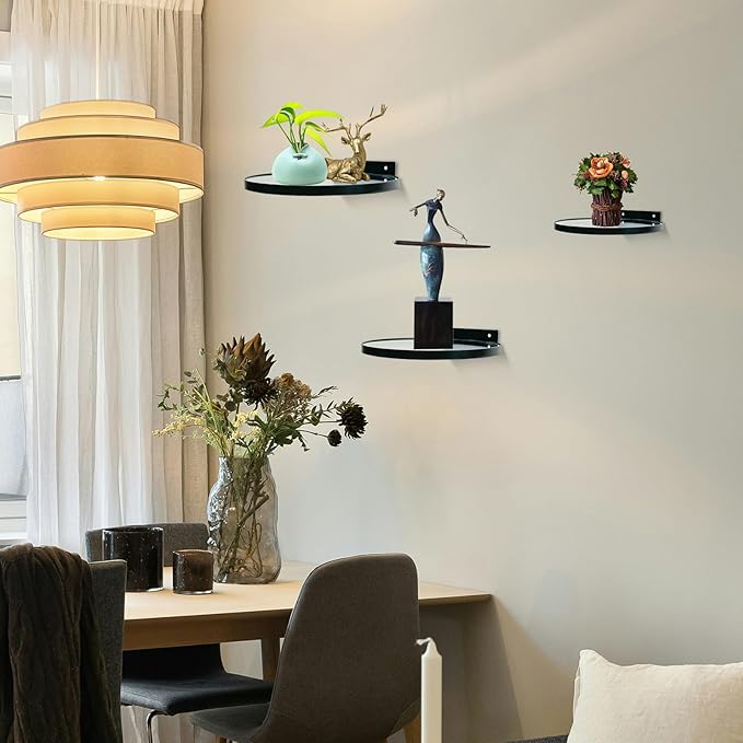 Cityelf Floating Shelves Wall Mounted Wall Decor Iron Glass Hanging Shelf Home Decor Set of 3 Display Ledge Shelves for Living Room Bedroom Office-Black