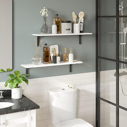 DINZI LVJ Long Wall Shelves, 23.6 Inch Wall Mounted Shelves Set of 2, Easy-to-Install, Floating Storage Ledges with Sturdy Metal Brackets for Living Room, Bathroom, Bedroom, Kitchen, White