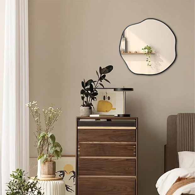 POZINO Irregular Shaped Mirror, 16" Small Asymmetrical Mirrors, Black Scalloped Rounded Mirror, Modern Frameless Abstract Mirrors for Bathroom Living Room Bedroom Entryway Fireplace