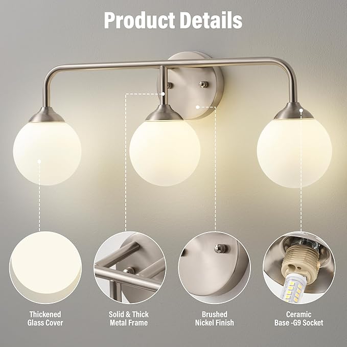 Bathroom Light Fixtures - 3 Light Brushed Brass Vanity Light Over Mirror for Bathroom Mirror Living Room, Brushed Nickel Bathroom Wall Sconce with Frosted Glass Shade, 3 G9 Bulbs Included