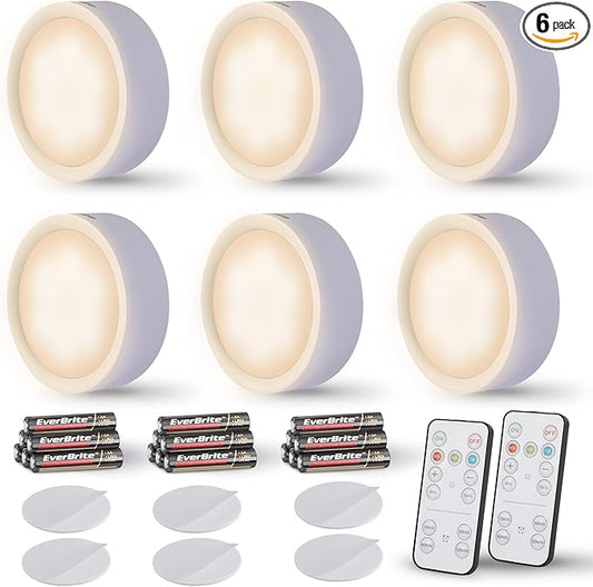 EverBrite Puck Lights with Remote, Wireless LED Battery Operated, Under Cabinet Timer, Stick on Light, Closet Light Dimmable for Closet, Bedroom, Included (6-Pack)