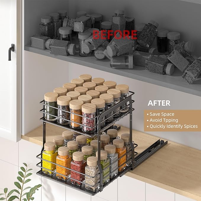 Pull Out Spice Rack Organizer for Inside Cabinet, 2 Tier Metal Spice Organization for Cabinet, 9.65