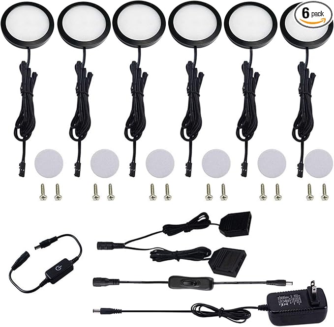 AIBOO Under Cabinet LED Black Cover Puck Lighting Kit with Touch Dimmer Switch for Kitchen Cupboard Closet Lighting (6 Lights,Warm White)