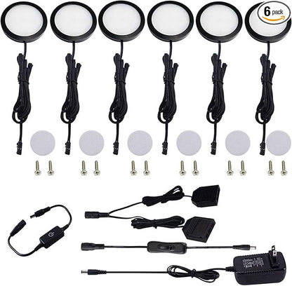AIBOO Under Cabinet LED Black Cover Puck Lighting Kit with Touch Dimmer Switch for Kitchen Cupboard Closet Lighting (6 Lights,Warm White)