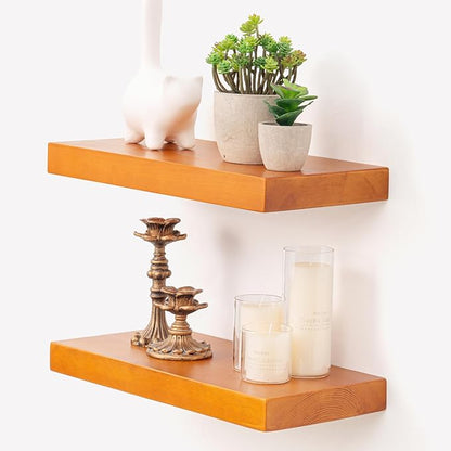 Marsmiles Wood Floating Shelves | Rustic Honey Oak Wall Shelves Set of 2 | 16" W x 7.7" D x 1.6" H Wooden Shelves for Bathroom Living Room Kitchen