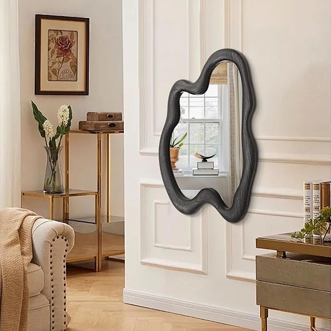 AAZZKANG Irregular Mirror Black Asymmetrical Wall Mounted Mirrors Large Modern Wood Frame Wall Mirror for Bathroom Bedroom Living Room Entryway 24