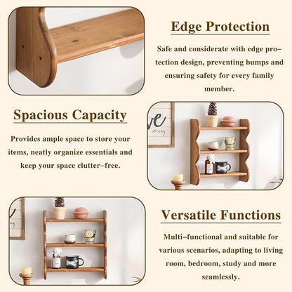 100% Solid Wood Wall Shelf 3-Tier, Rustic Floating Shelves Wall Mounted Storage Rack, Farmhouse Decor Hanging Shelf Display Shelves for Apartment, Living Room and Bedroom