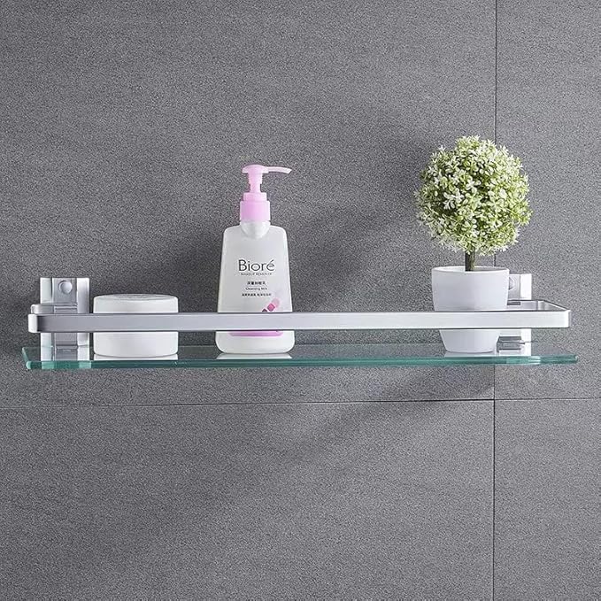 Bathroom Glass Shelf Tempered Glass Rectangular Extra Thick Aluminum Silver Sand Sprayed Wall Mounted 13.77 inches