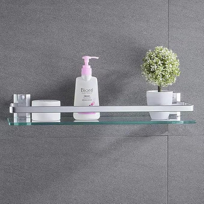 Bathroom Glass Shelf Tempered Glass Rectangular Extra Thick Aluminum Silver Sand Sprayed Wall Mounted 13.77 inches