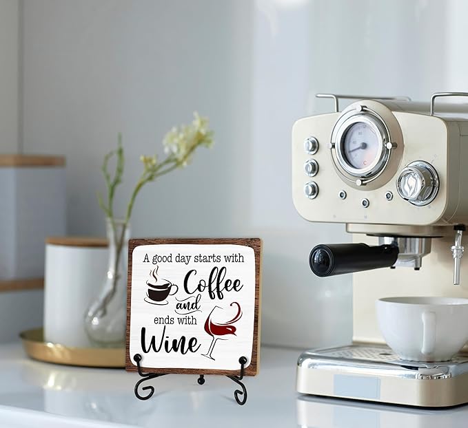 Coffee And Wine Desk Decor Sign, Rustic Wooden Sign With Stand, A Good Day Starts With Coffee And Ends With Wine Sign For Farmhouse Home Kitchen Bar Shelf Table, Gifts For Family Friend Coworker-01