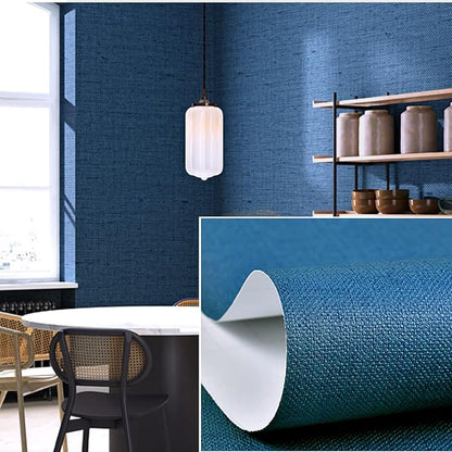 Yancorp 24"x197" Textured Fabric Navy Blue Faux Grasscloth Peel and Stick Wallpaper Self-Adhesive Linen Removable Wall Paper Cabinets Counter Top Liners