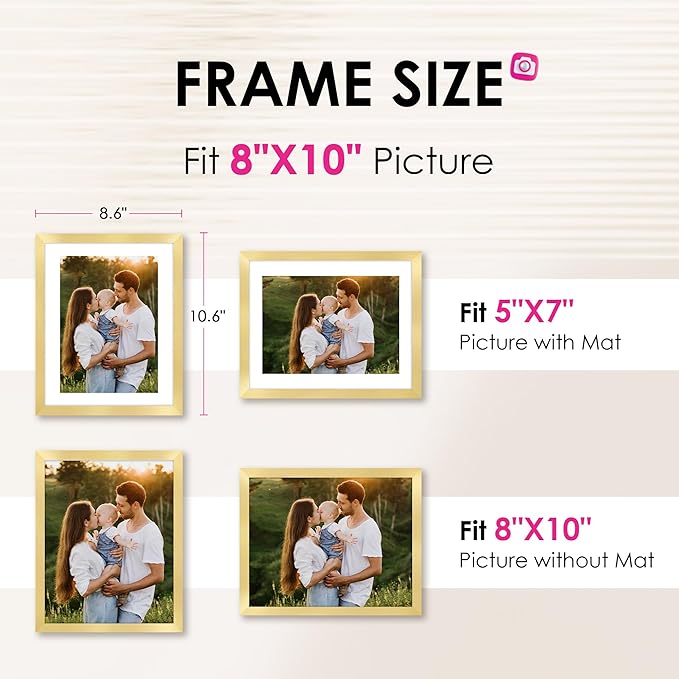 FIXSMITH 8x10 Picture Frame Bulk-4 Pack, Gold Picture Frames Collage Wall Decor, Wall & Tabletop Picture Frames, Photo Frame with HD Plexiglass, Display Pictures 5x7 with Mat or 8x10 Without Mat