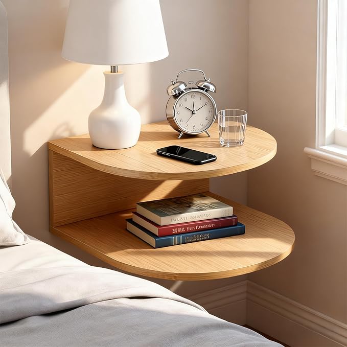 Bamboo Floating Nightstand with Storage Drawer and Modern Open Shelf Cubby，Bedroom, Living Room, Kitchen, Tool Room for use. (Natural, Trumpet)