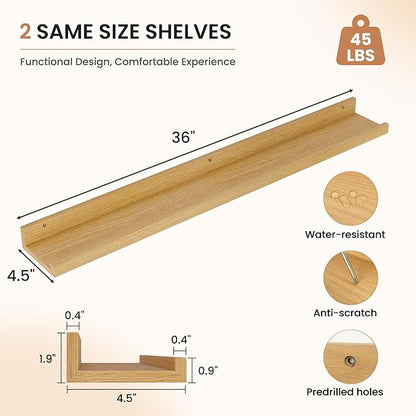 Dreamland Picture Ledge Shelf for Wall, Floating Shelves Set of 2, 36 Inch Long Floating Shelves with Lip for Living Room, Bedroom, Bathroom, Kitchen, Oak