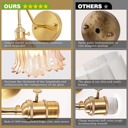Battery Operated Wall Sconce Set of 2, Rechargeable Battery Powered Amber Wall Lights with 15 Colors, Vintage Glass Wall Lamp with Remote Control for Beside, Bedroom, Living Room