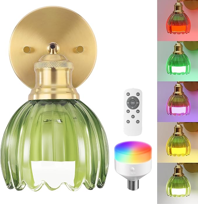VOLISUN Vintage Battery Operated Wall Sconce,with Green Tulip Glass Lampshade, Wireless Wall Sconce, Rechargeable Battery Powered Wall Light, Sconce Wall Decor for Bedroom Living Room