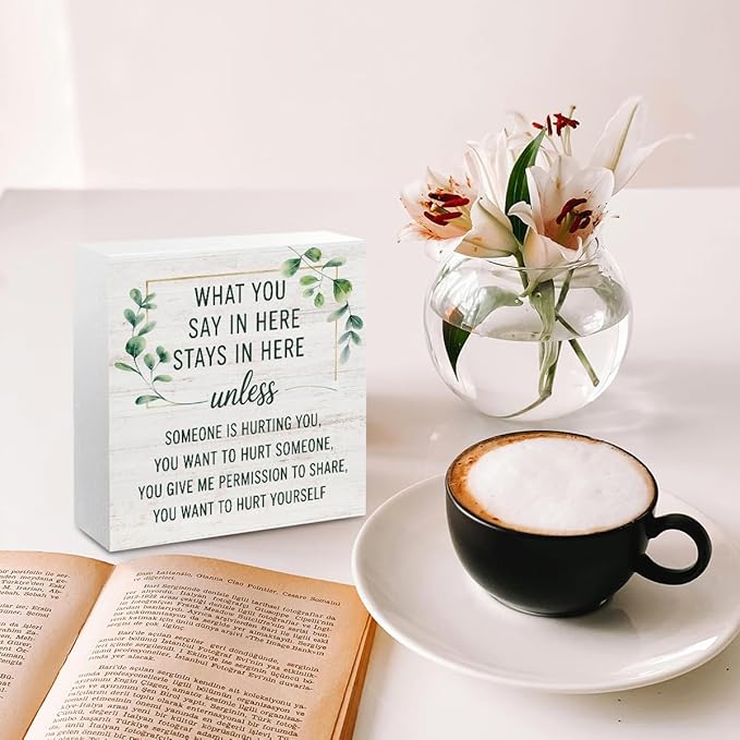 Mental Health Wood Box Sign, Inspirational Wooden Box Sign Therapy Office Decor, Inspirational Counselor Desk Decorative Signs, What You Say In Here Stays in Here Sign Gifts for Coworkers Therapist
