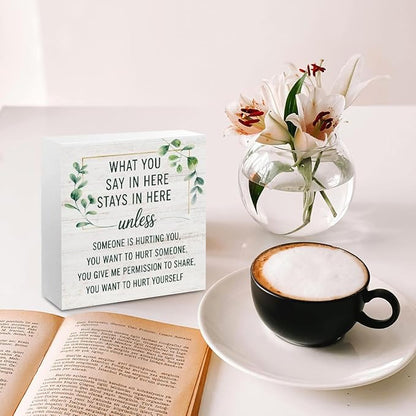Mental Health Wood Box Sign, Inspirational Wooden Box Sign Therapy Office Decor, Inspirational Counselor Desk Decorative Signs, What You Say In Here Stays in Here Sign Gifts for Coworkers Therapist
