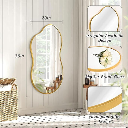 JJUUYOU Wall Mirror Irregular Metal Framed Decorative Gold Mirrors Large 20"x36" Asymmetrical Modern for Bedroom Living Room Entryway Hallway Hanging Home Decor