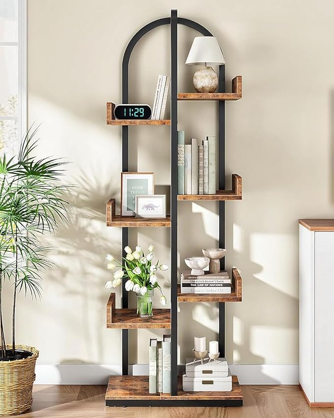 Corner Bookshelf, Curved 6-Tier Bookcase with Anti-Tip Kit, Adjustable Feet and Staggered Shelves for Living Room, Bedroom, Study, Office, Rustic Brown and Black TSJ06BF