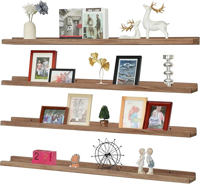 Long Floating Shelves for Wall 47 Inch,Real Wood Picture Ledge Shelf with Lip Set of 4,Photo Frame Storage Display for Living Room Nursery Room Bedroom Bathroom Kitchen Decor(Carbonized Black)