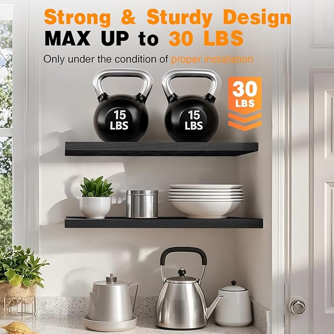 BAYKA Floating Shelves, 48 inches Long Heavy Duty Wall Mounted Rustic Wood Shelves for Bathroom, Bedroom, Living Room, Kitchen, Office, Hanging Shelf for Books/Storage/Decor(Black,Set of 2)