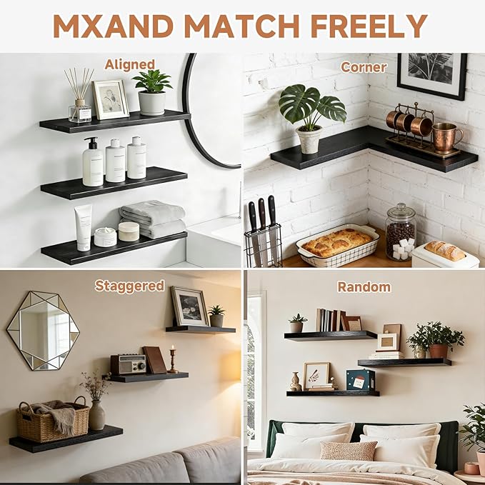 Floating Shelves Set of 3, 15.7 Inch Wall Mounted Wooden Shelf, Small Hanging Shelf for Home Decor, Books and Storage, Organizer for Bedroom, Bathroom, Kitchen, Black
