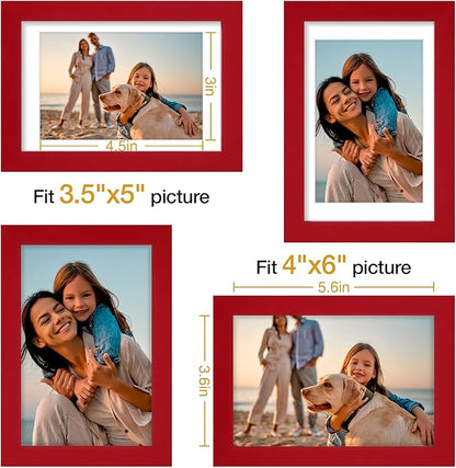 Vittanly 4x6 Picture Frame Set of 4, Display Pictures 3.5x5 with Mat or 4x6 without Mat, Small Photo Frames for Wall or Tabletop Display, Engineered Wood with Shatter Resistant Plexiglass, Red