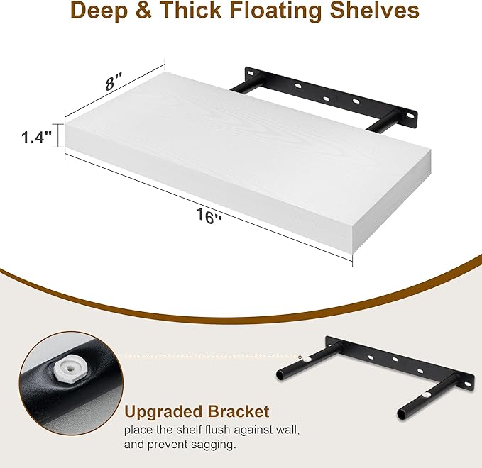 Fun Memories White Floating Shelves 16 Inch Long, 8 Deep Floating Shelf Wall Mounted, 16 x 8 Inch Wooden Bathroom Shelves, Deep Storage Shelves for Living Room, Kitchen, Set of 2
