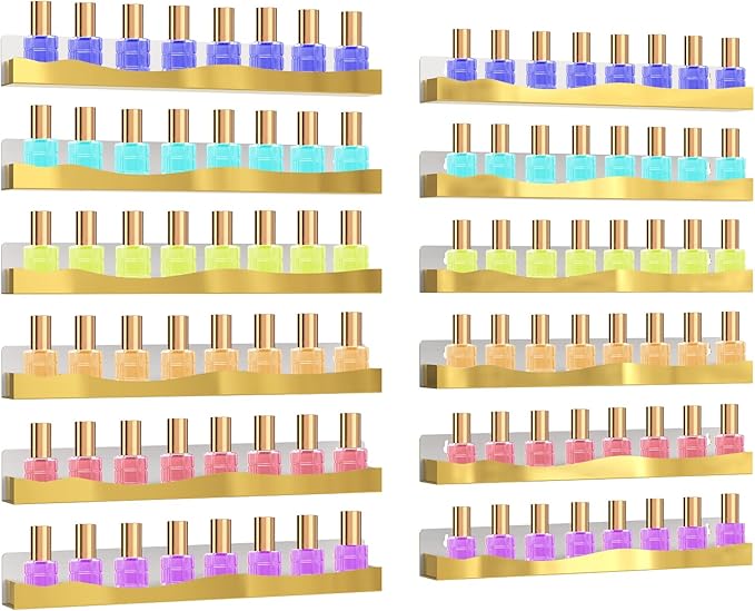 12 Pack Gold Mirror Nail Polish Racks 15 Inch Acrylic Wall Mount Shelves with Stopper for Nail Polish Organizer, Picture Frames, Books, Home Dec