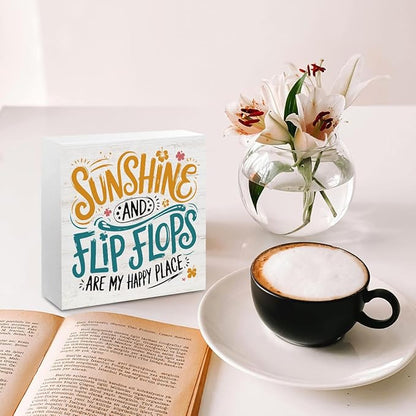 Sunshine Gifts for Women Men, Summer Themed Wood Box Sign Desk Decor, Sunshine and Flip Flop Beach Decorative Signs for Home Office Living Room Table Shelf Cubicle