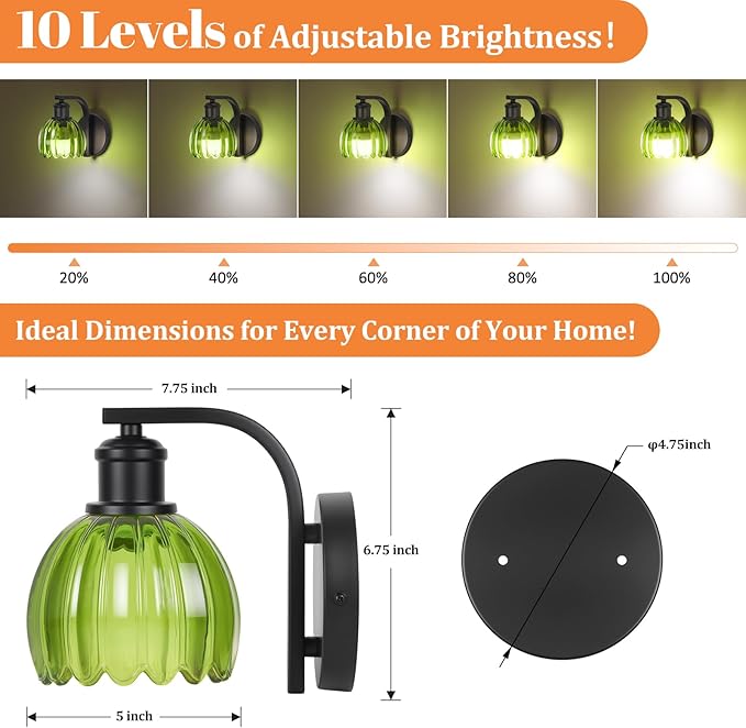 VerRon Rechargeable Battery Operated Wall Sconce with Green Glass Lampshade, Wireless Wall Scone Decor with Remote Control, 15 Colors Black Wall Light for Bedside Hallway Bedroom Doorway
