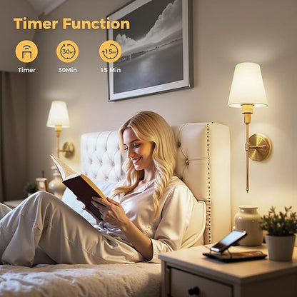 DORESshop Battery Operated Wall Sconce Set of 2, Wall Light Wireless Easy to Install, Dimmable and Adjustable Sconces Wall Decor, Rechargeable Wall Lamp for Bedroom, Living Room, Gold 20.7in