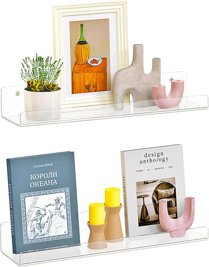 2 Pack Floating Shelves for Wall, 15" Clear Book Shelf, Acrylic Floating Wall Shelf, Display Shelves Organizer for Bathroom, Classroom, Bedroom, Living Room, Kitchen, Room Decor