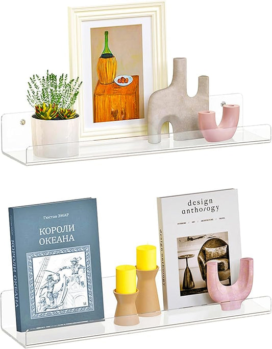 2 Pack Floating Shelves for Wall, 15" Clear Book Shelf, Acrylic Floating Wall Shelf, Display Shelves Organizer for Bathroom, Classroom, Bedroom, Living Room, Kitchen, Room Decor