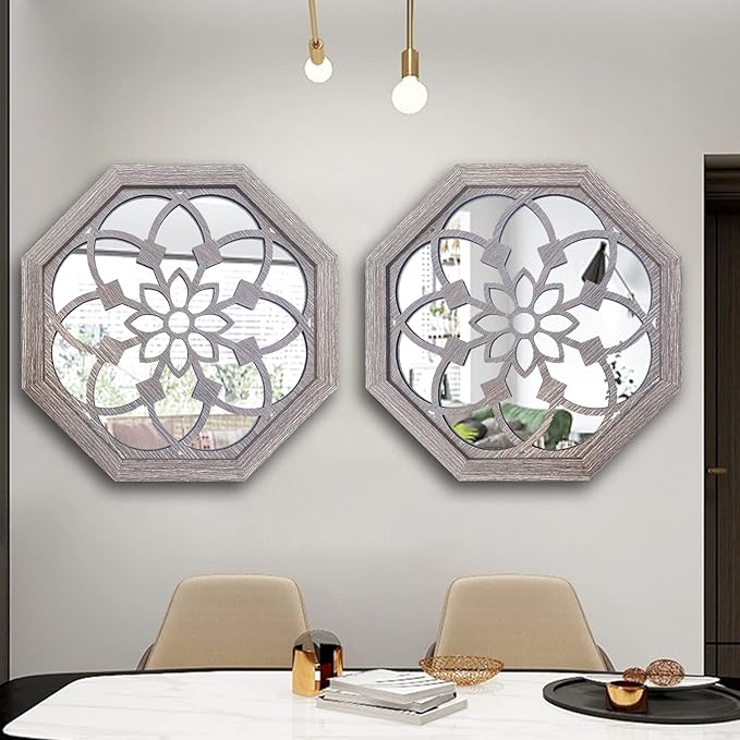 2 PCS 20 inch Octagon Wall-Mounted Mirrors,Vintage Farmhouse Mirror for Wall Decor,Barn Wood Color Decorative Accent Mirror for Foyer, Bathroom, Bedroom. (20”x20”)