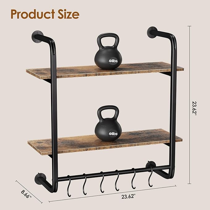 2 Tier Industrial Pipe Shelving, 24" Kitchen Shelves Wall Mounted with 6 Hooks, Coffee Bar Shelves Display Bookshelf Wall Shelf for Bedroom, Bathroom, Home Décor, Rustic Brown