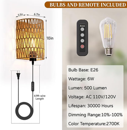 Boho Wall Decor Plug in Wall Sconces, Dimmable Sconces Wall Decor Set of 2, Natural Hemp Rope Boho Decor, Plug in Wall Light with Remote, LED Bulbs Included