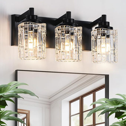 Bathroom Light Fixtures, 3-Light Black Bathroom Vanity Light, Modern Wall Sconces with Clear Glass Shade, Black Wall Lights for Mirror Kitchen Bedroom Hallway, E26 Base