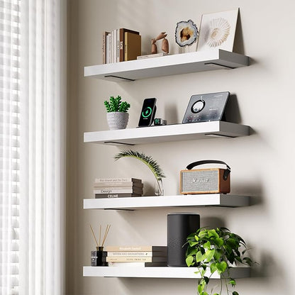 Solid Wood Floating Shelves 24'' Long, 8'' Deep Wall Mounted Shelves with Heavy Duty Brackets, Max Load 150 lbs, Wall Shelves for Bathroom Kitchen Living Room, 24 x 8 x 1.6 in, White, Set of 2