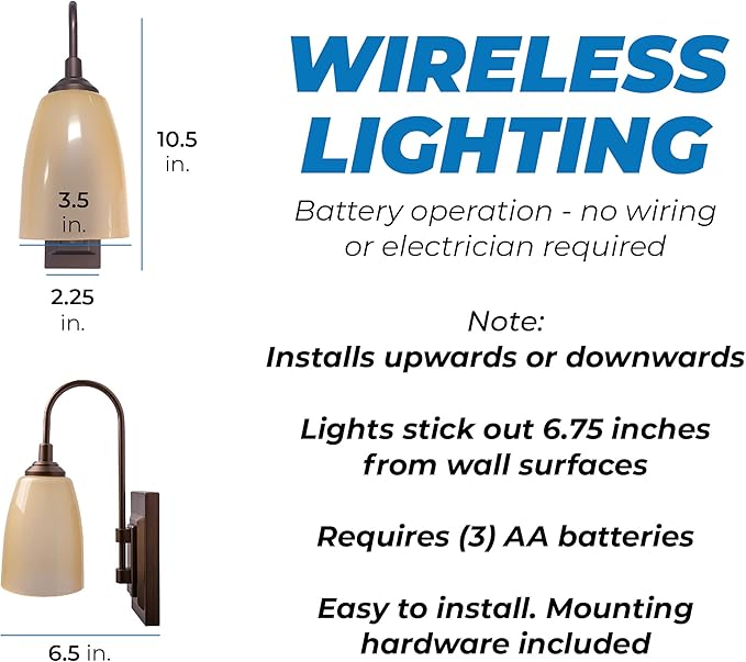 Westek LED Battery Operated Wall Sconce, 2 Pack - 4 Hour Auto Shut-Off Wireless Wall Sconce, 100 Lumens - Easy Install Battery Powered Sconce Light - Plastic with Bronze Finish