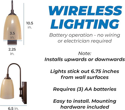 Westek LED Battery Operated Wall Sconce, 2 Pack - 4 Hour Auto Shut-Off Wireless Wall Sconce, 100 Lumens - Easy Install Battery Powered Sconce Light - Plastic with Bronze Finish