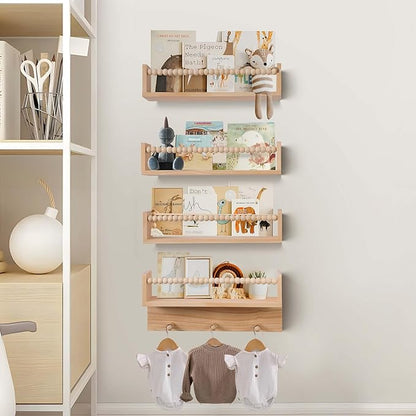 BOMID Wall Bookshelves,Set of 4 Natural Wood Floating Bookshelf,Nursery Shelves,Floating Book Shelves for Wall(Burlywood)