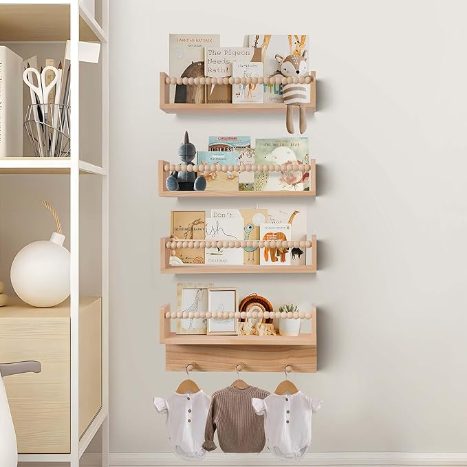 BOMID Wall Bookshelves,Set of 4 Natural Wood Floating Bookshelf,Nursery Shelves,Floating Book Shelves for Wall(Burlywood)