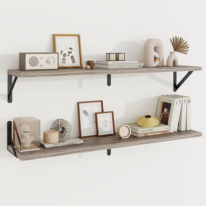 Floating Shelves, 8 Inch Deep Rustic Wood Wall Storage, 36W x 8D Wall Shelves Set of 2, Heavy Duty Metal Brackets, Industrial Book Shelf for Living Room, Kitchen, Bathroom, Bedroom, Grey