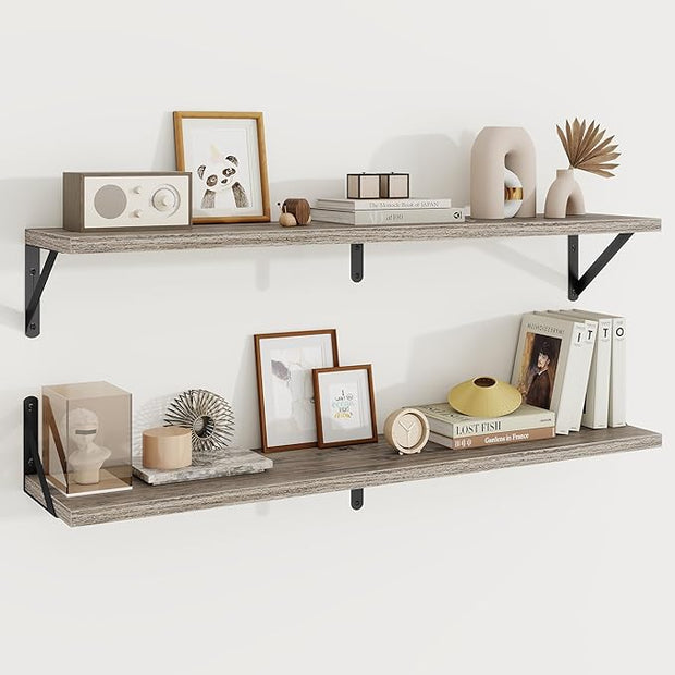 Floating Shelves, 8 Inch Deep Rustic Wood Wall Storage, 36W x 8D Wall Shelves Set of 2, Heavy Duty Metal Brackets, Industrial Book Shelf for Living Room, Kitchen, Bathroom, Bedroom, Grey