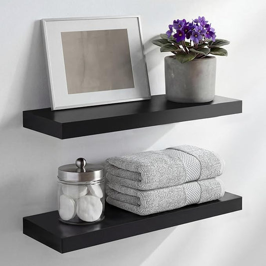 Homeforia Black Floating Shelf 18 inch, High End Solid Real Wood 18inch Bathroom Floating Shelves for Wall Mounted, Black Wooden 18in Floating Shelves, Heavy Duty Bracket, 18 X 6.5 X 1.75 in, Set of 2